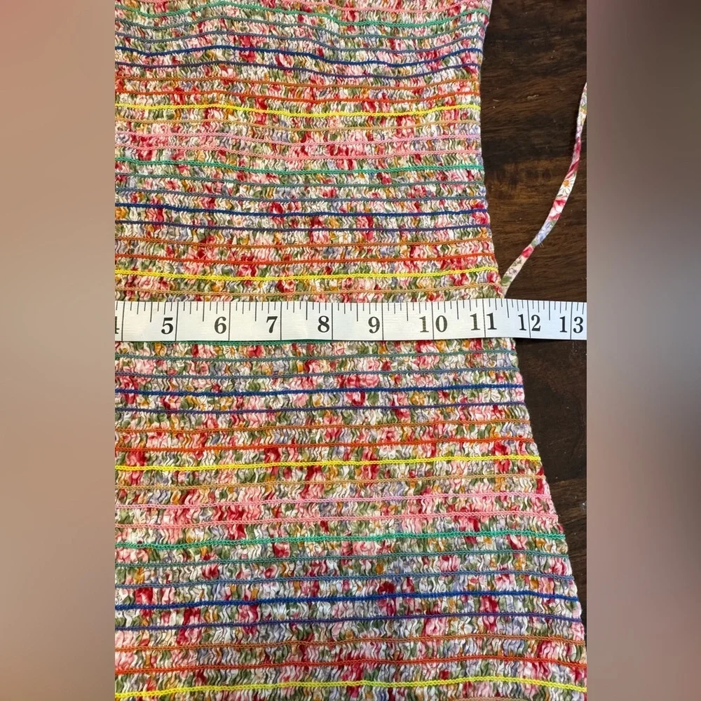 Storia Rainbow Floral Smocked Ruffle Bodycon Spaghetti Tie Strap Mini Dress Sz S